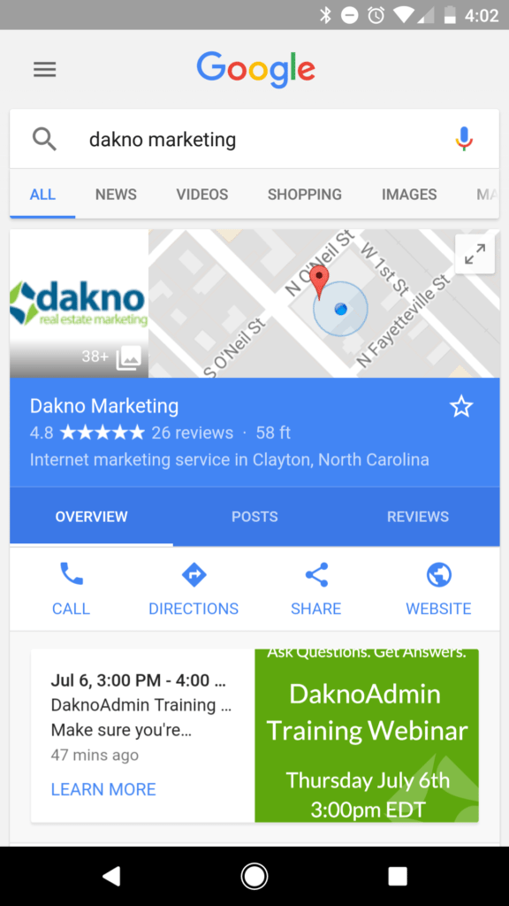 screenshot of dakno marketing's google card showing the new google post