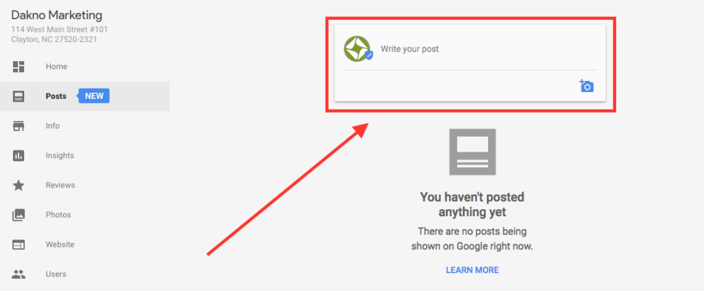 a screenshot showing where the write your post section is in google posts