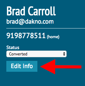 screenshot of DaknoAdmin contact with red arrow pointing to edit info.