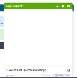 a chat box featuring the question how do i set up email marketing